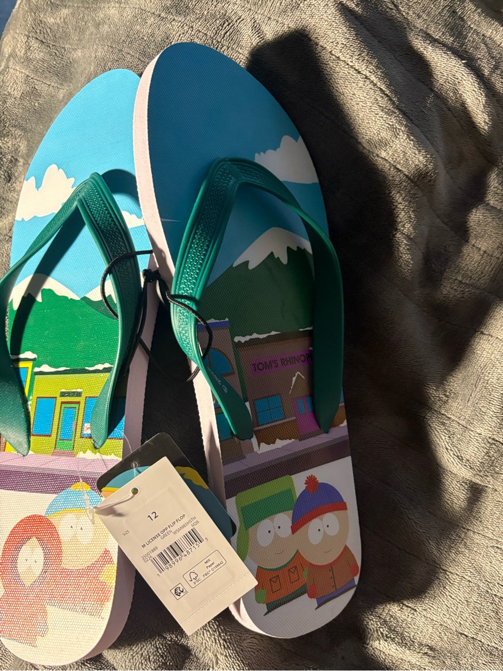 NEW-Mens 12 South Park Graphic Flip Flop Sandals - Teal Straps